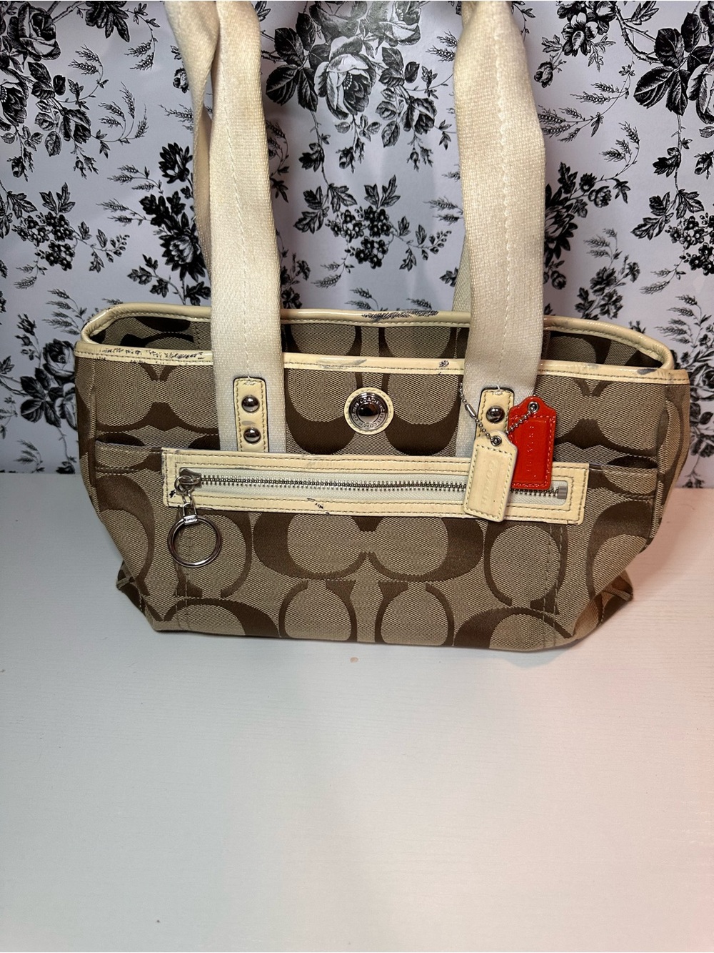 Coach Beige/Tan Signature Canvas Tote with Cream Trim and Red Tag